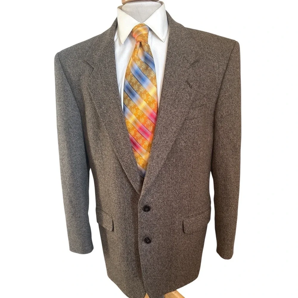 VTG Cricketeer Tweed Blazer Sz 44L Herringbone Wool Cashmere Sport Coat Jacket